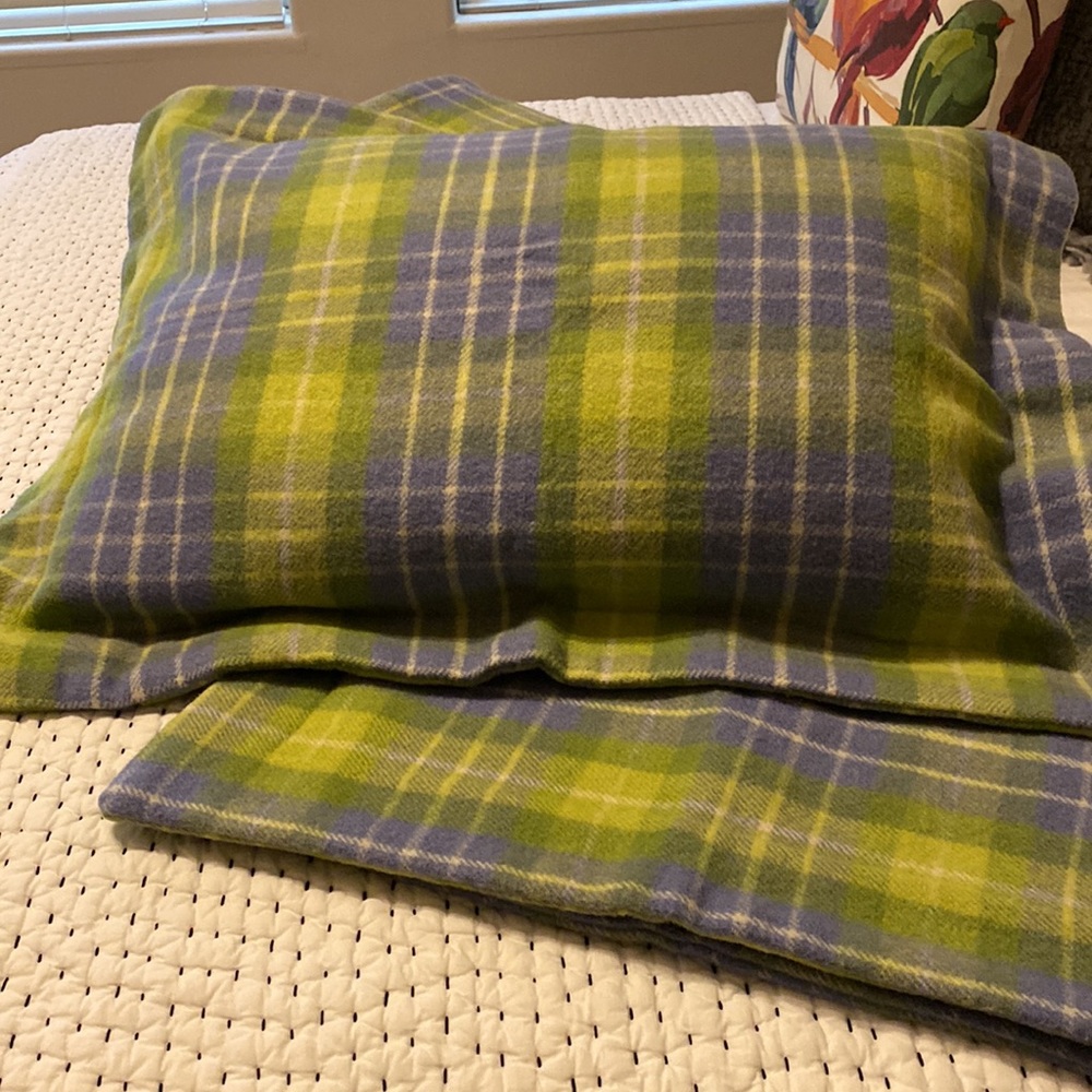 POTTERY BARN WOOL APPLE GREEN/BLUE PLAID FULL/QUEEN BLANKET +2 STANDARD SHAMS - Picture 5 of 7